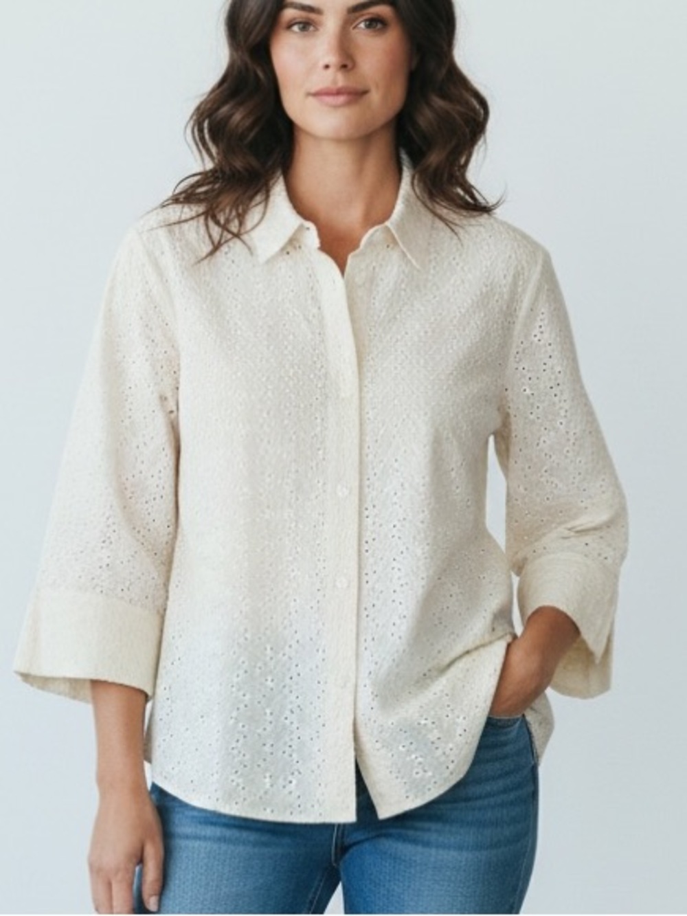 J. JILL | NEW Beachgrass Eyelet Button-Front Shirt Small 3/4 Sleeves 100% Cotton
